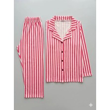İnspira Kadın Milan Kumaş Gömlek Yaka Düğmeli Ince Pembe Çizgili Pijama Takımı