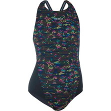 Decathlon Nabaiji Kız Çocuk Yüzücü Mayosu Siyah / Sarı Baskılı 7 - 8 Yaş Klora Karşı Dayanıklı