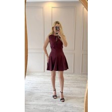 BeeYouStudio Bordo Önü Fiyonklu Pileli Mini Viskon Elbise