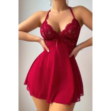 Bella Notte Bordo A Kalıp Dantel Detaylı Mini Gecelik