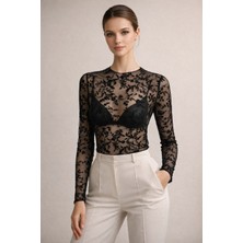 Polo State Kadın Slim Fit Transparan Dantel Desenli Tül Bluz Siyah
