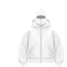 Tarz Yeri Samuray Ninja Çift Kapşonlu Zıp Fermuarlı Kanguru Cepli Tam Fermuarlı Hoodie Swetshirt - Beyaz