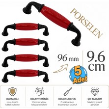 Badem10 (5 Adet) Lumira Kırmızı Porselen Siyah Kulp 96 mm 9.6 cm Mobilya Çekmece Dolab Dolap Kapak Kulb Kulp