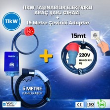 Voltev 11KW, Taşınabilir, 5mt Kablolu Elektrikli Araç Şarj Cihazı + 15MT Çevirici Adaptör