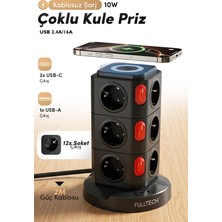 Fulltech Ftr-15 Power Tower Dikey Priz | 12’li Çoklu Soket, 10W Kablosuz Şarj, 3680W Güç, USB Çıkışlı Akıllı Priz