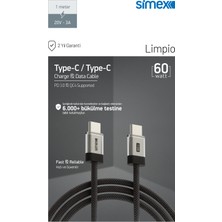 Simex 60W Hızlı Şarj Type-C To Type-C Kablo – Iphone, Samsung, Redmi Uyumlu - Qc 4 Destekli - 1m Spk-12