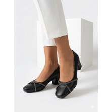 Kaof Shoes Kadın Siyah Kısa Kalın Topuklu Ayakkabı Klasik Ayakkabı Topuklu Anne Ayakkabısı Günlük Ayakkabı