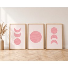 Pegziz 3’lü Minimal Pembe Geometrik Tablo Seti Doğal Ahşap Çerçeve Duvar Tablosu