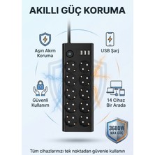 Matechno 10'lu 2mt Uzatma Kablolu Çoklu Priz Akım Korumalı Grup Uzatma Priz 3x USB 1x Type-C Çıkışlı Priz