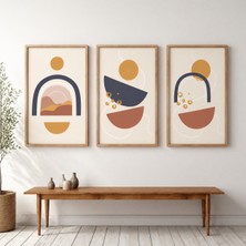 Pegziz Boho Geometrik 3’lü Tablo Seti Doğal Ahşap Çerçeveli Duvar Tablosu