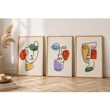 Pegziz Modern Soyut Yüzler 3’lü Tablo Seti Doğal Ahşap Çerçeveli Duvar Tablosu