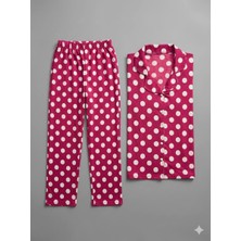 İnspira Kadın Düğmeli Ince Şardonlu Milan Kumaş Puantiyeli Pijama Takımı Gömlek Yaka