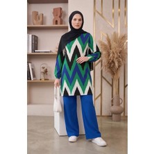 Sefa Merve Bürümcük Kumaş Desenli Yırtmaçlı Tunik 0502-01 Saks