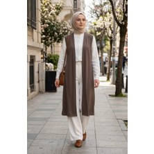Sefa Merve Büyük Beden Düz Renk Sade Ince Anne Yelek 8770-05 Kahverengi