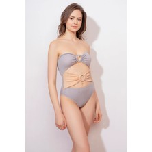 Lovekini Eva Grey Nude Cut-Out Swimsuit With Silver Stripes Details
