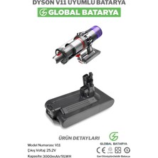 Global Batarya Dyson V11 Uyumlu Dikey Süpürge Bataryası 3000mah 25.2v Li-Ion Pil (Vidalı Model)