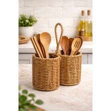 FBA Home Decor Çift Bölmeli Hasır Kaşıklık – Rattan Mutfak Kaşıklık ve Organizer