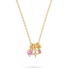 Serelya 316L Çelik Gold Pembe Zirkon Taşlı Charmlı Kadın Kolye