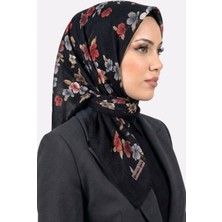 Hadiora Yasemin Ipek Kadın Siyah Kiremit Çiçek Desenli Flamlı Eşarp