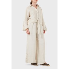 Viadante Via Dante Relaxed Fit Güpür Detaylı Bol Paça Keten Pantolon Bayan Pantolon 699E10941