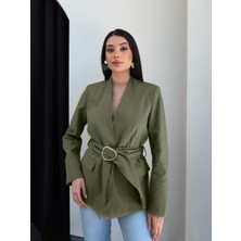 Esra Helvacı Gold Toka Kemerli Keten Ceket