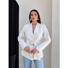 Esra Helvacı Gold Toka Kemerli Keten Ceket
