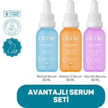 Clerie 3’lü Serum Seti (Avantajlı Paket) - Yaşlanma, Leke ve Morluk Karşıtı Retinol, C Vitamini ve Kafeinli Göz Altı Serumu 