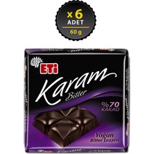 Eti Karam %70 Kakaolu Bitter Çikolata 60 g x 6 Yoğun Bitter Lezzeti ile Tatlandırılmış
