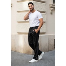 EYDAMOON Erkek Siyah Boydan Biyeli Baggy 2 Iplik Rahat Kalıp Geniş Paça Eşofman Altı