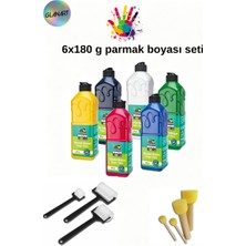 Glanart Büyük Boy  6 Renk x 180 gr Parmak Boyası + Fırça Seti ( Pon Pon ve Rulo Fırça ) 1 Set