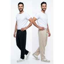 EYDAMOON Erkek Siyah-Bej Baggy Kesim Bel Lastikli Bol Paça Pike Kumaş Rahat Kalıp Pantolon