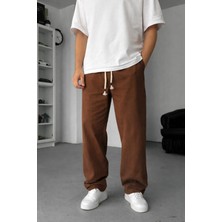 EYDAMOON Man Kahverengi Baggy Kesim Keten Karışımlı Müslin Pantolon Rahat Stil Terletmeyen Hafif Kumaş