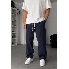 EYDAMOON Man Lacivert Baggy Kesim Keten Karışımlı Müslin Pantolon Rahat Stil Terletmeyen Hafif Kumaş
