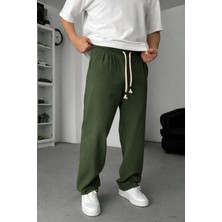 EYDAMOON Man Haki Baggy Kesim Keten Karışımlı Müslin Pantolon Rahat Stil Terletmeyen Hafif Kumaş