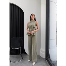 Esra Helvacı Halter Yaka Kuşaklı Bluz Pantolon Takım