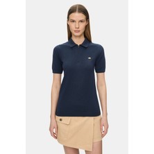 Ucla Ashera Lacivert Polo Yaka Half Zip Triko Nakışlı %100 Pamuk Standard Fit Kadın Tshirt