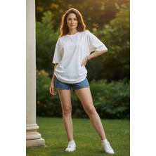 EYDAMOON Kadın Beyaz %100 Organik Pamuk Oversize Penye Kumaş Bisiklet Yaka T-Shirt