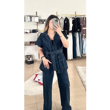Taşlı Denim Yelekli Takım