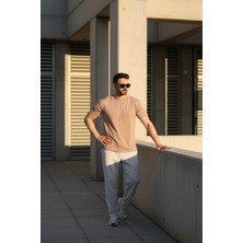 EYDAMOON Erkek Bej Regular Modal Kumaş Solmayan Renk Ipeksi Doku Ütü Gerektirmeyen T-Shirt