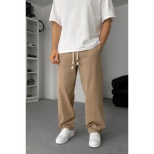 EYDAMOON Man Bej Baggy Kesim Keten Karışımlı Müslin Pantolon Rahat Stil Terletmeyen Hafif Kumaş