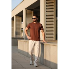 EYDAMOON Erkek Kahverengi Regular Modal Kumaş Solmayan Renk Ipeksi Doku Ütü Gerektirmeyen T-Shirt