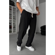 EYDAMOON Man Siyah Baggy Kesim Keten Karışımlı Müslin Pantolon Rahat Stil Terletmeyen Hafif Kumaş