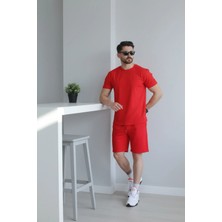 EYDAMOON Erkek Kırmızı Regular Kesim %100 Pamuklu Likralı Penye Kumaş Yazlık Eşofman Takımı
