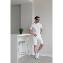 EYDAMOON Erkek Beyaz Regular Kesim %100 Pamuklu Likralı Penye Kumaş Yazlık Eşofman Takımı
