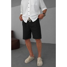 EYDAMOON Man Siyah Urban Relaxed Fit %100 Pamuk Müslin Şort - Nefes Alan Müslin Dokuma