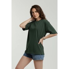 EYDAMOON Kadın Haki %100 Organik Pamuk Oversize Penye Kumaş Bisiklet Yaka T-Shirt