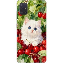 Le Balvo Samsung Galaxy A51 Uyumlu Kirazlı Kedi Baskılı Silikon Kılıf