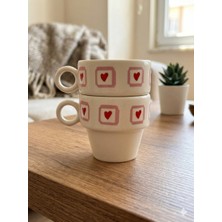 Palto Tasarım Kalp Kutucuk Tasarımlı 2'li Espresso Bardak Seti - Hediye Seramik Fincan