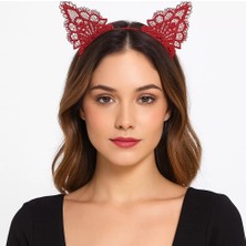 Uravas Store Dantelli Kırmızı Kedi Tacı - Vintage Tarz Dantel Kedi Kulak
