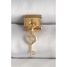 Uravas Store 316L Çelik Gold Renk Sallantı Zirkon Taşlı Kalpli Anahtar Model Nomination Charm